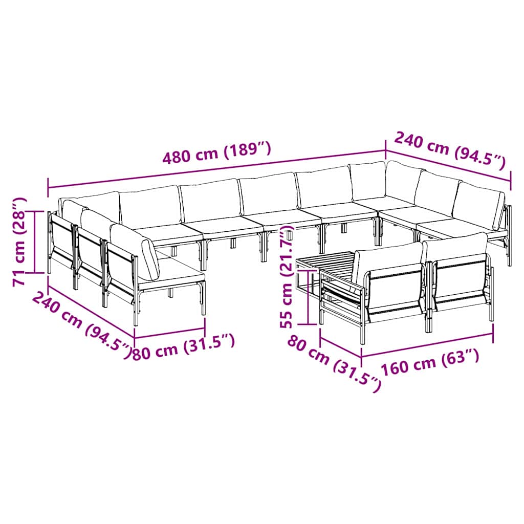 vidaXL Gartensofa-set mit Kissen 13 pcs Schwarz Stahl