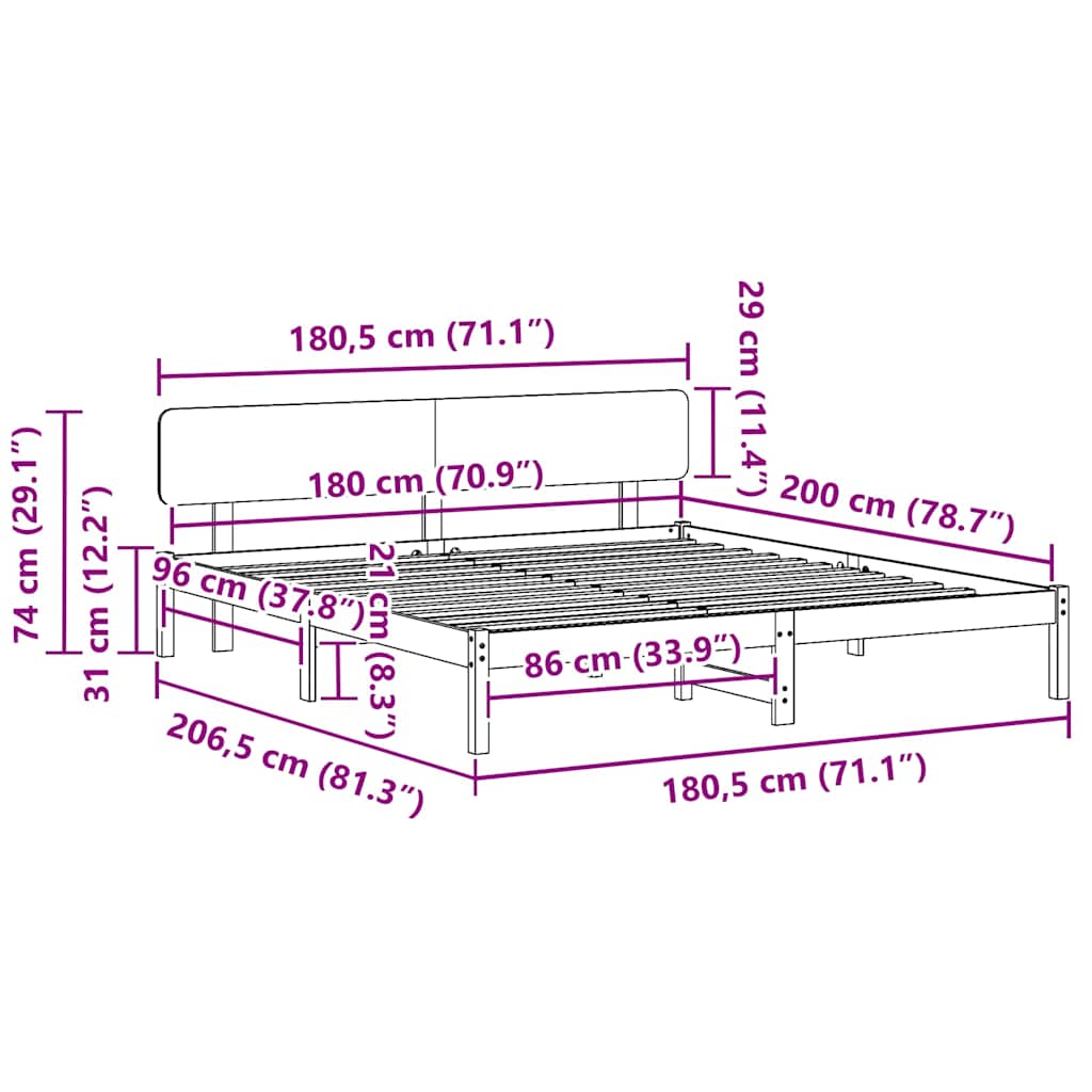 Bettrahmen mit Kopfteil Weiß 180 x 200 cm Massives Kiefernholz