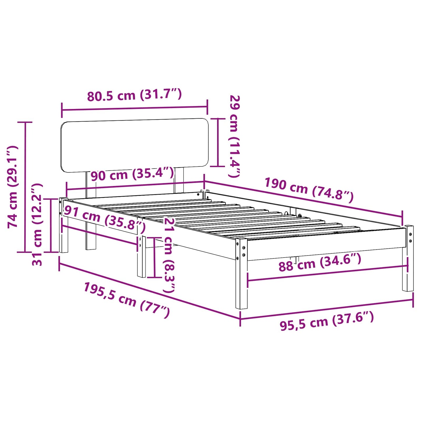 Bettrahmen mit Kopfteil Weiß 90 x 190 cm Massives Kiefernholz