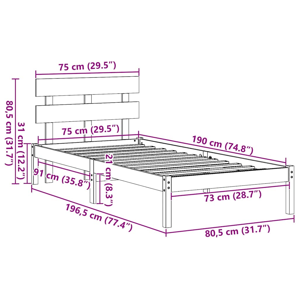 Bettgestell mit Kopfteil Braun 75 x 190 cm Massivholz Kiefer
