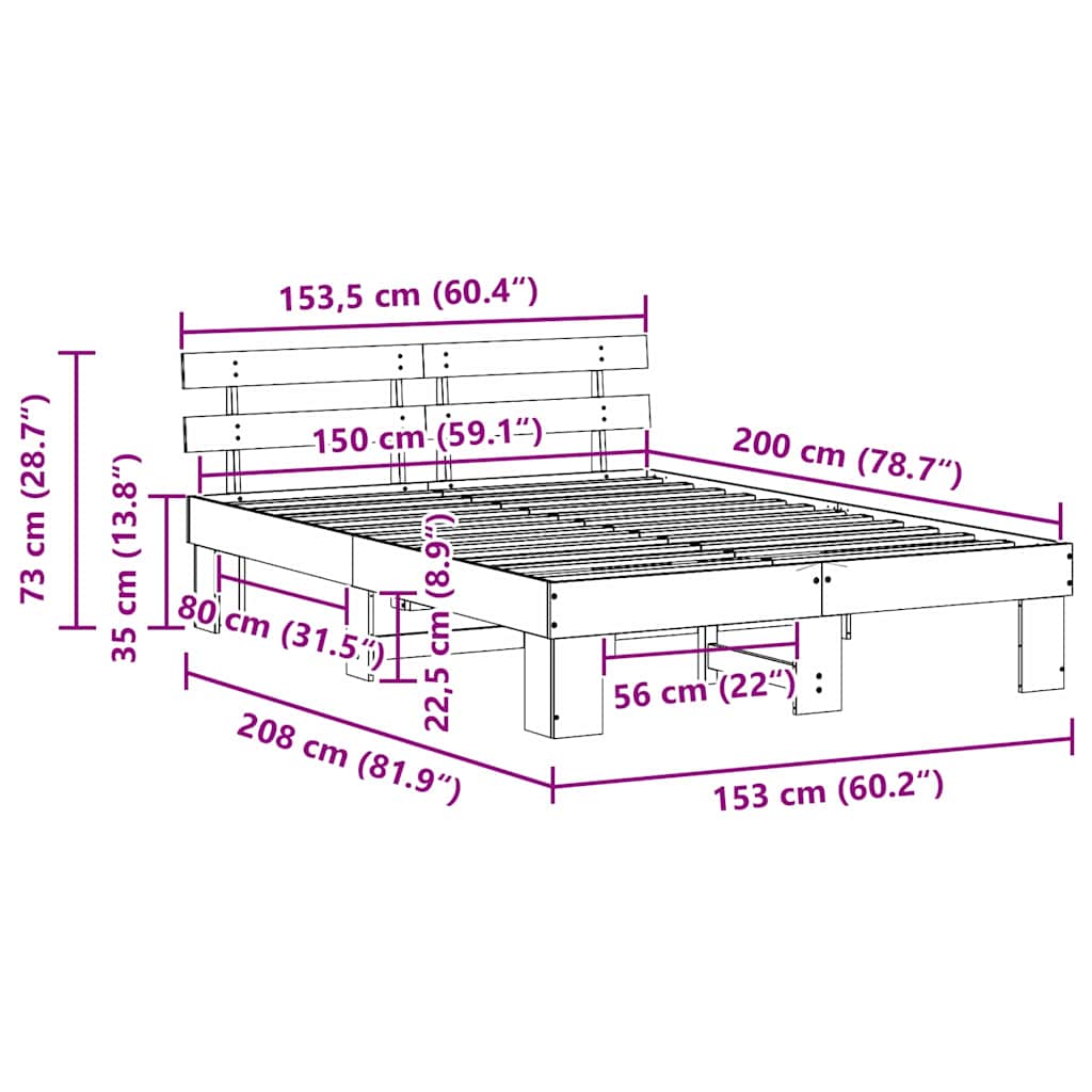 Bettrahmen mit Kopfteil Weiß 150 x 200 cm Massives Kiefernholz