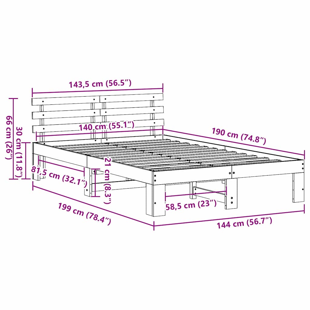 Bettrahmen mit Kopfteil Weiß 140 x 190 cm Massives Kiefernholz
