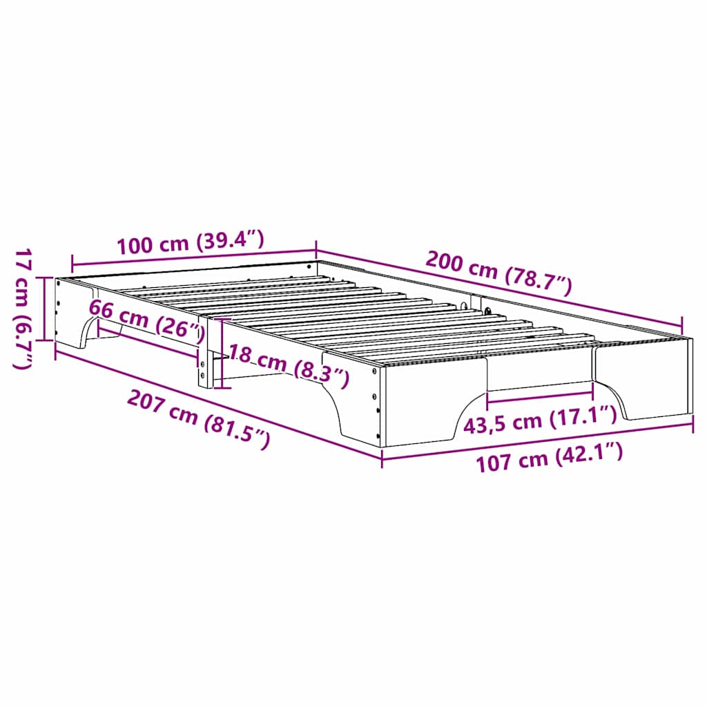 Bettrahmen Natur 100 x 200 cm Massives Kiefernholz