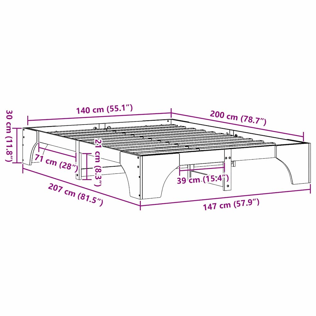 Bettrahmen Natur 140 x 200 cm Massives Kiefernholz
