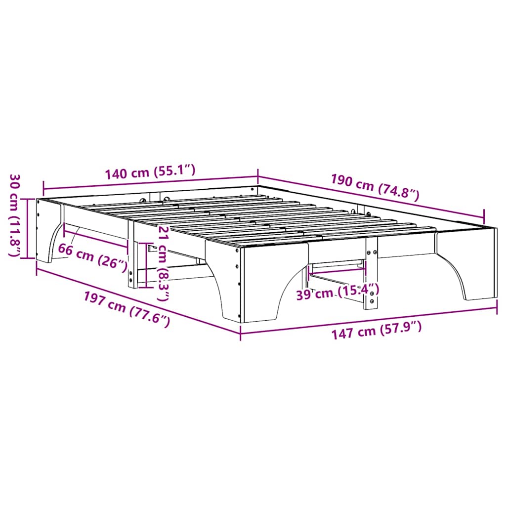 Bettrahmen Natur 140 x 190 cm Massives Kiefernholz