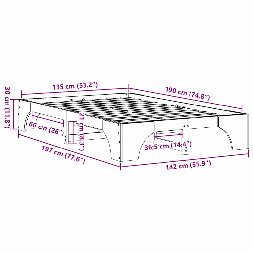 Bettrahmen Natur 135 x 190 cm Massives Kiefernholz