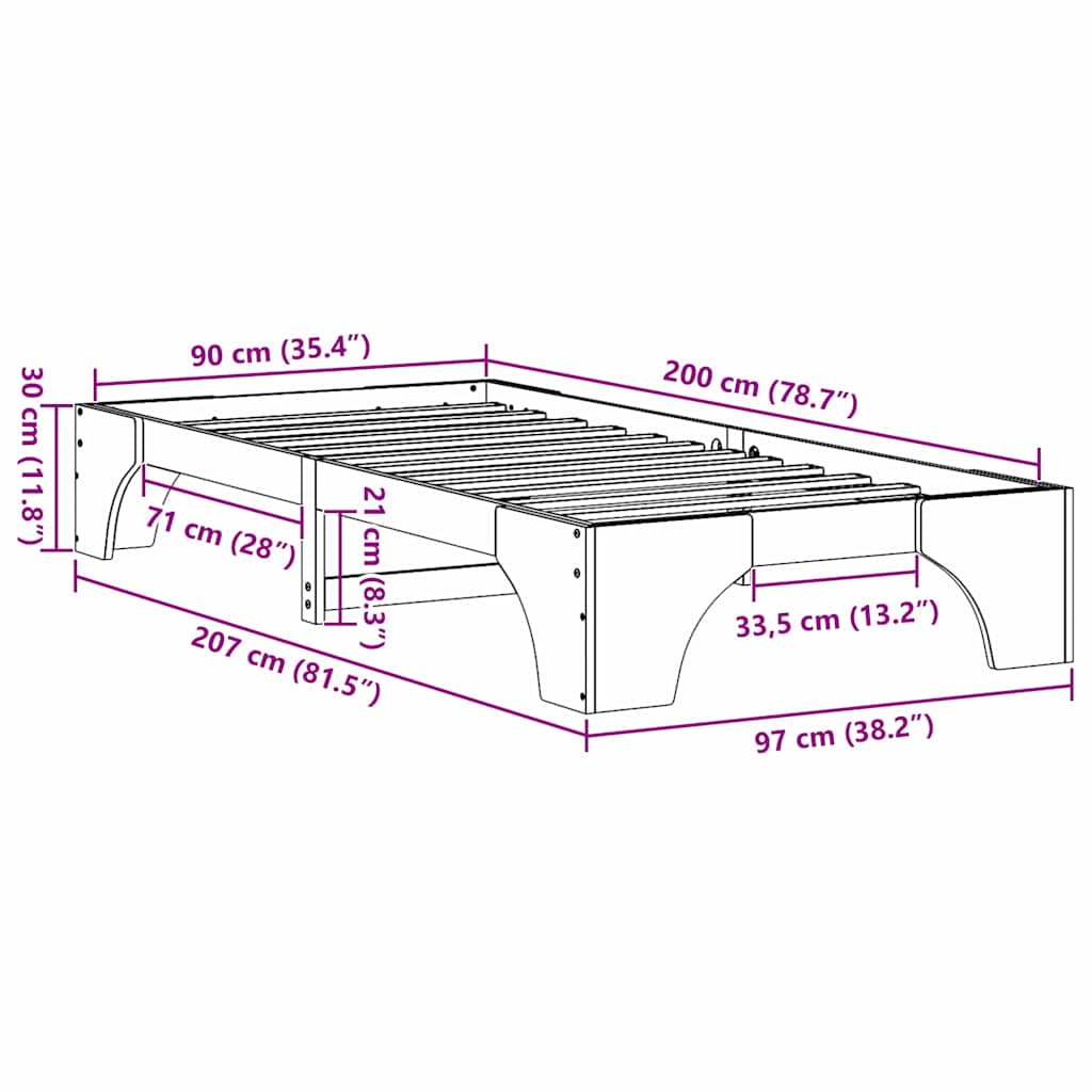 Bettrahmen Wachsbraun 90 x 200 cm Massives Kiefernholz