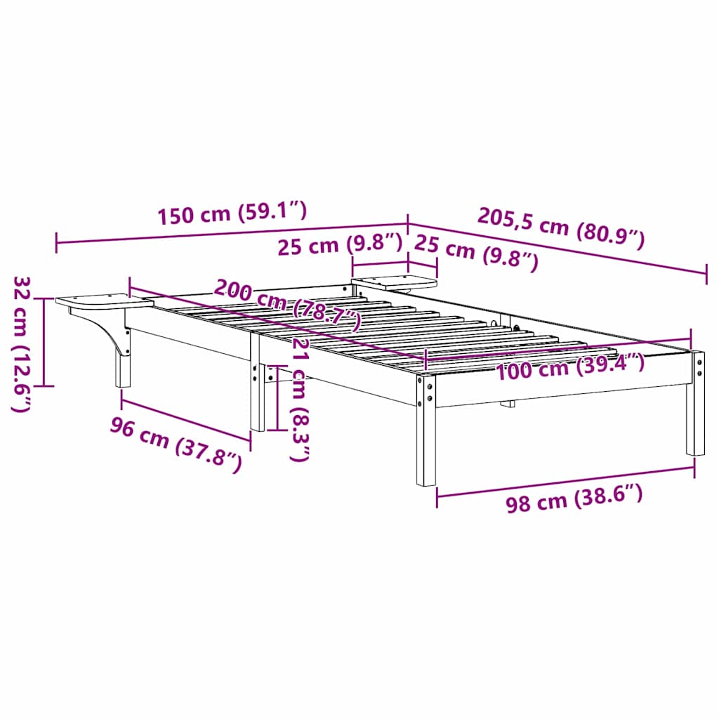 Bettrahmen Natur 100 x 200 cm Massives Kiefernholz