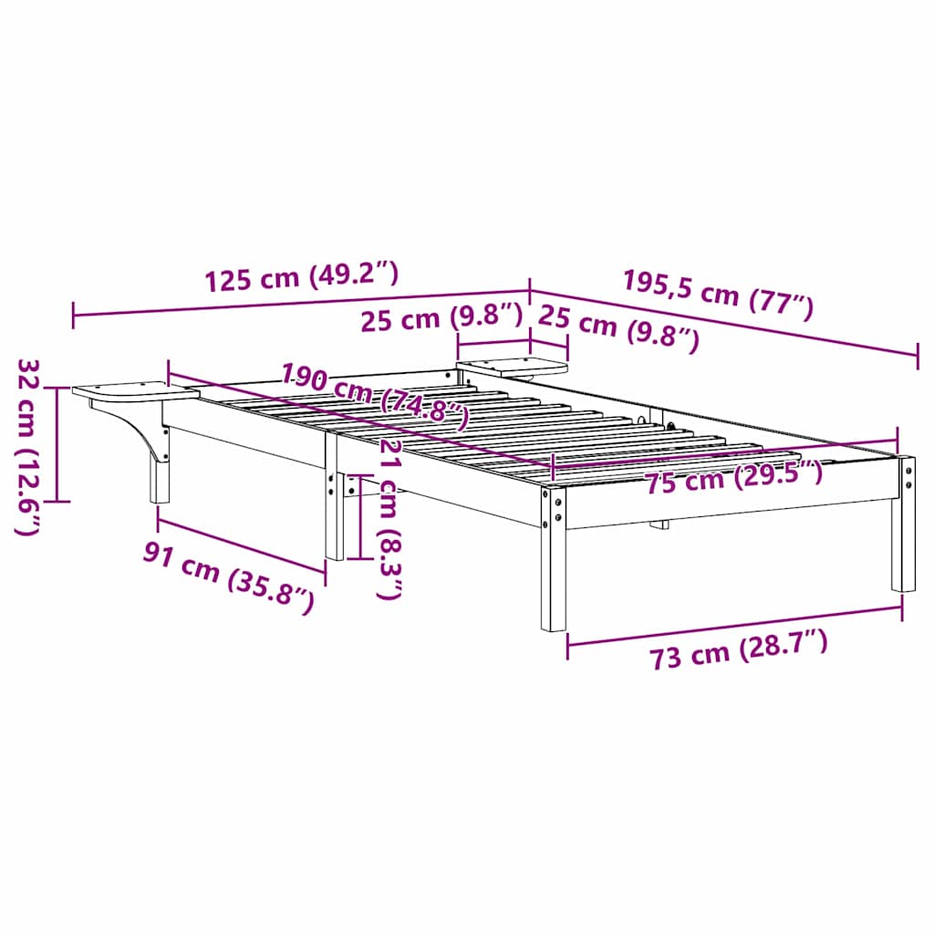 Bettrahmen Wachsbraun 75 x 190 cm Massives Kiefernholz