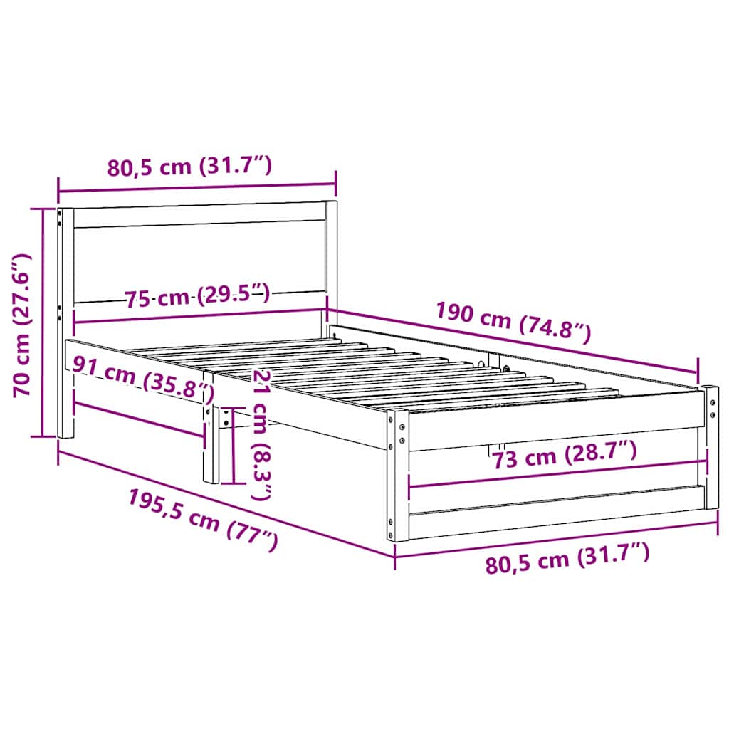 Bettrahmen mit Kopfteil Weiß 75 x 190 cm Massives Kiefernholz
