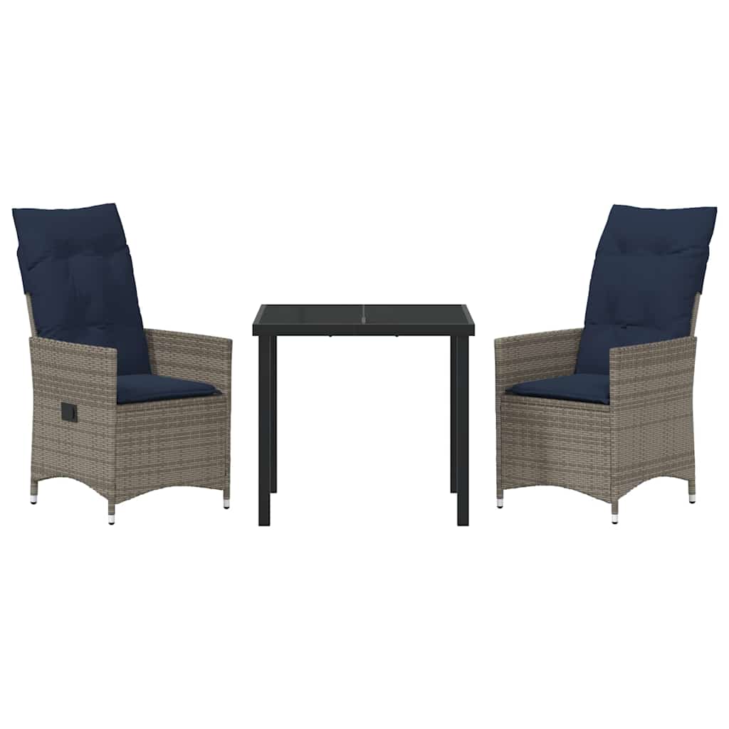 vidaXL Tisch- und Stuhlset mit Kissen 3 pcs Grau PE-Rattan