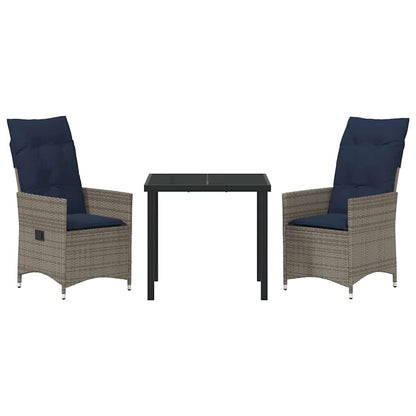 vidaXL Tisch- und Stuhlset mit Kissen 3 pcs Grau PE-Rattan