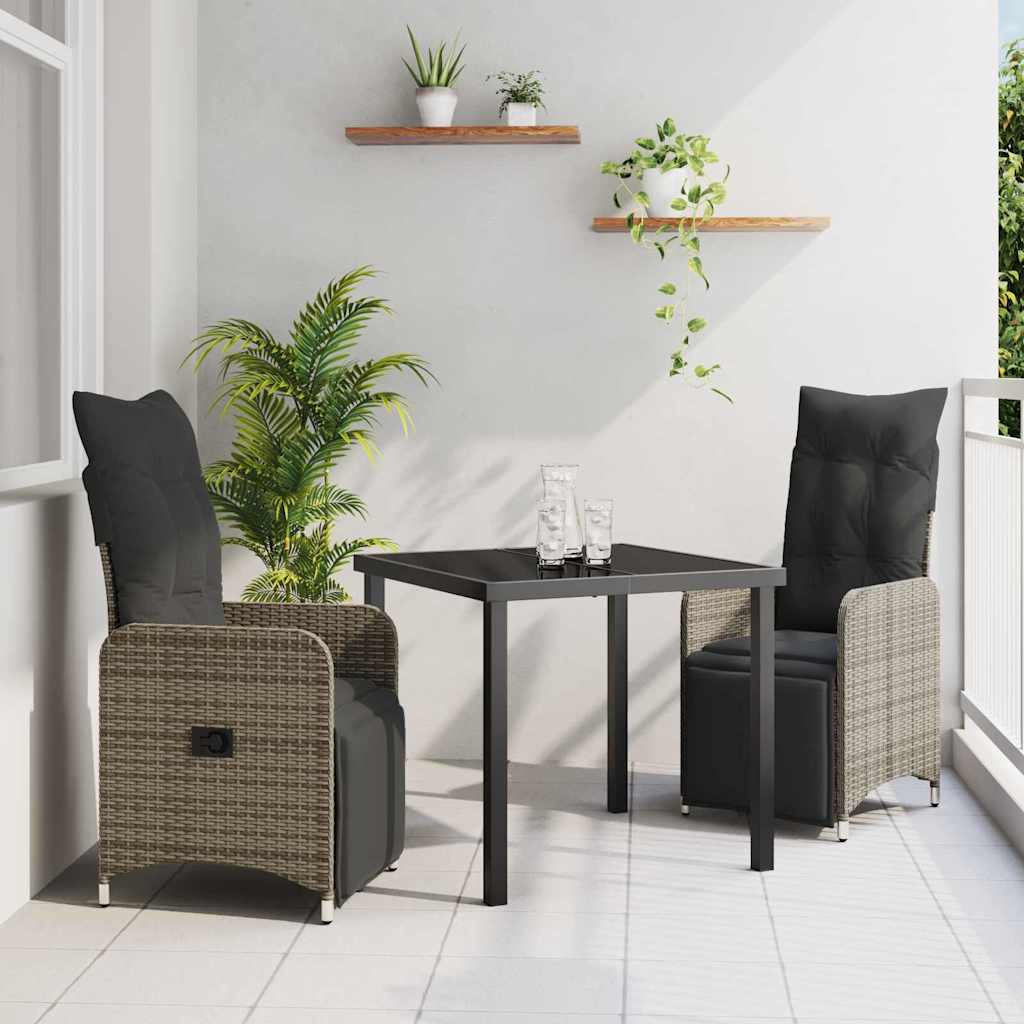 vidaXL Ensemble repas de jardin 3 pcs avec coussins gris résine tressée