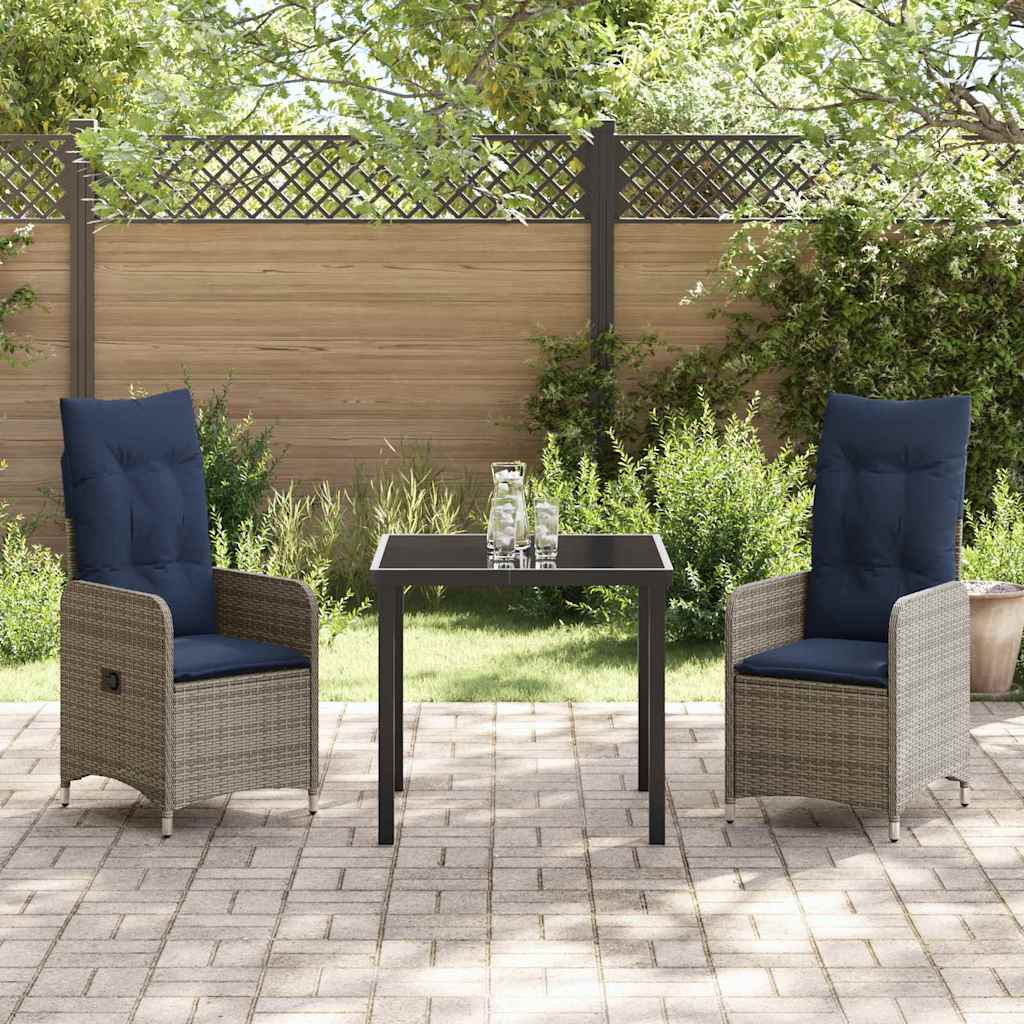 vidaXL Tisch- und Stuhlset mit Kissen 3 pcs Grau PE-Rattan