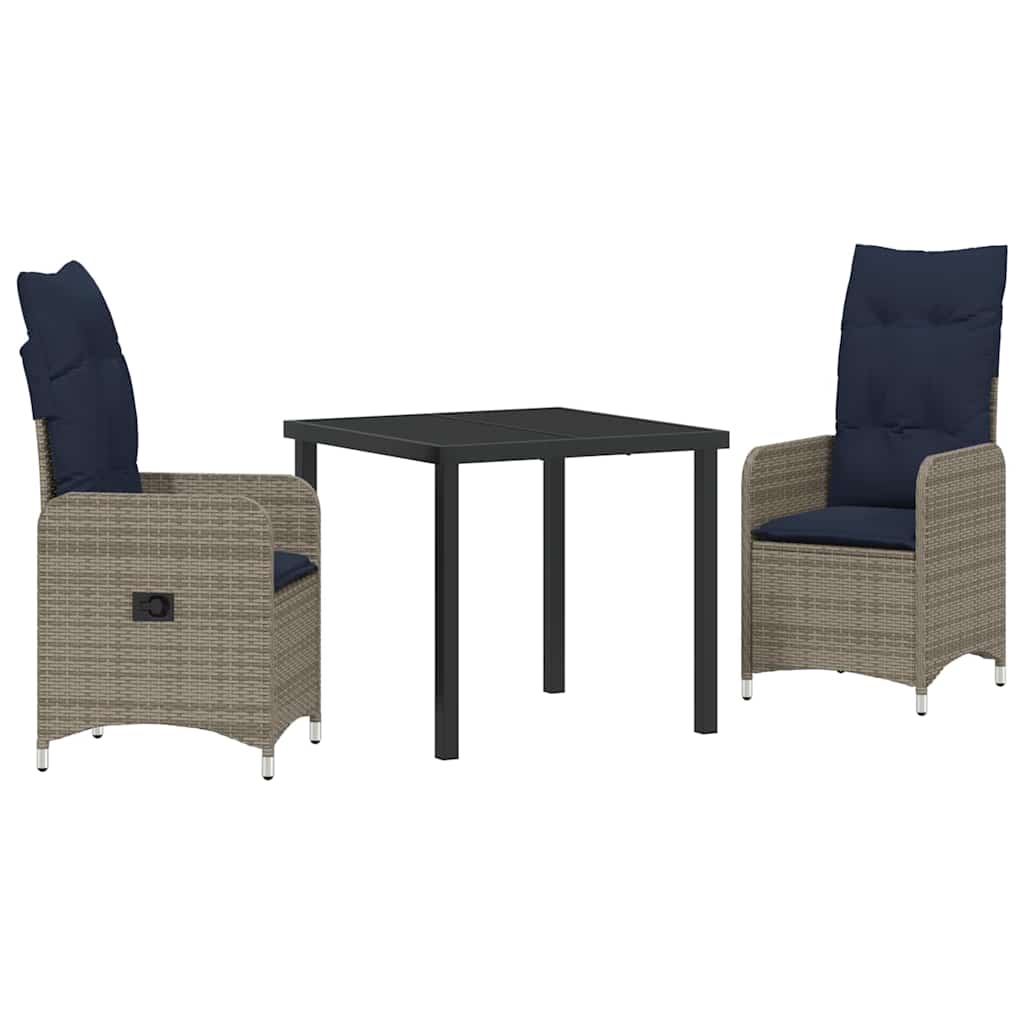 vidaXL Tisch- und Stuhlset mit Kissen 3 pcs Grau PE-Rattan