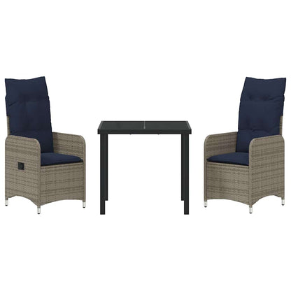 vidaXL Tisch- und Stuhlset mit Kissen 3 pcs Grau PE-Rattan