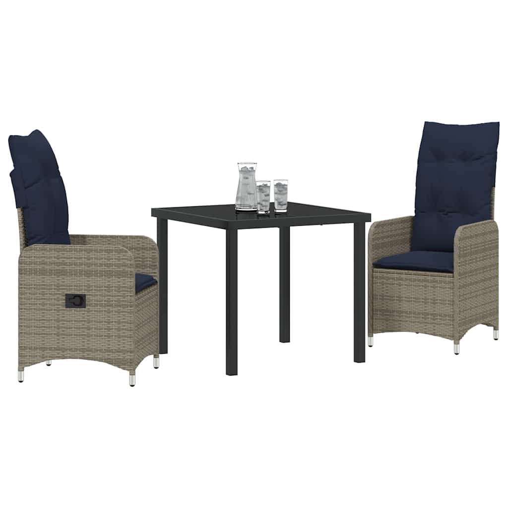 vidaXL Tisch- und Stuhlset mit Kissen 3 pcs Grau PE-Rattan