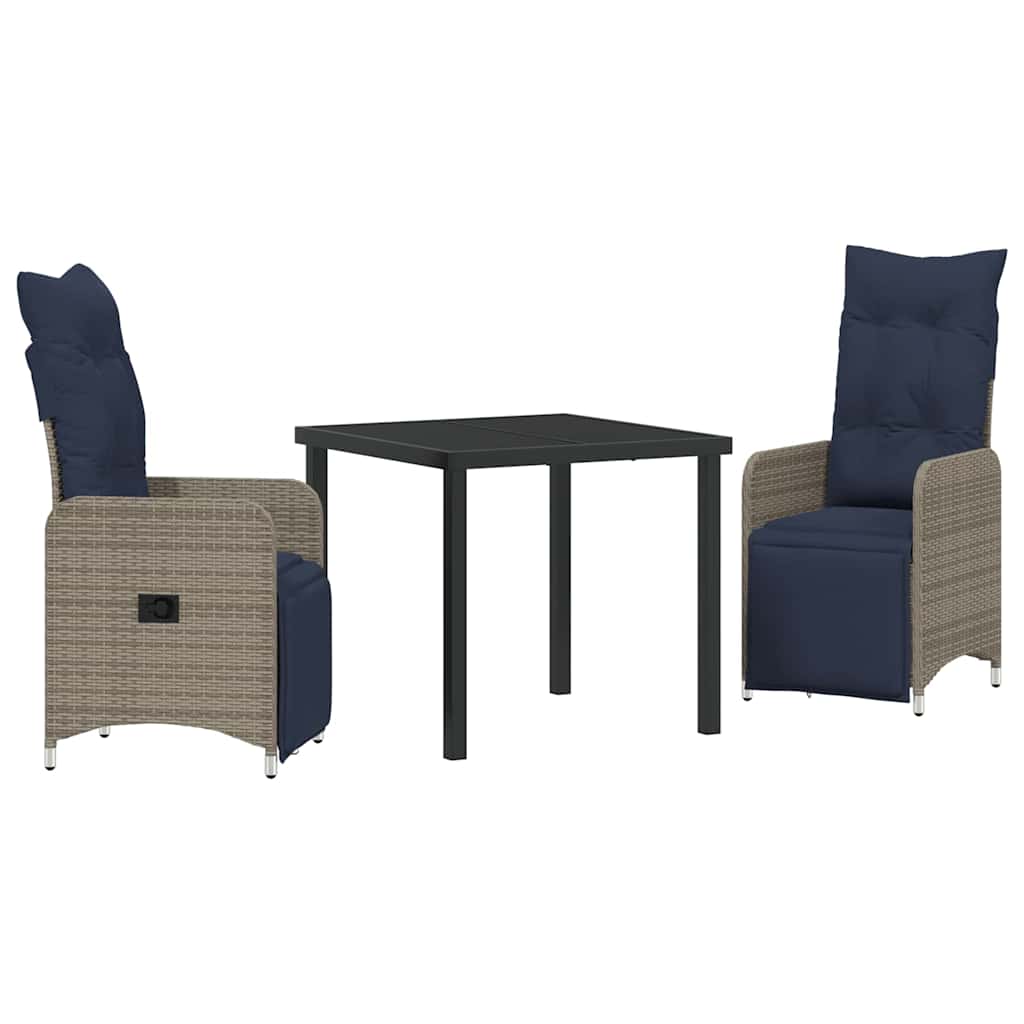 vidaXL Tisch- und Stuhlset mit Kissen 3 pcs Grau PE-Rattan