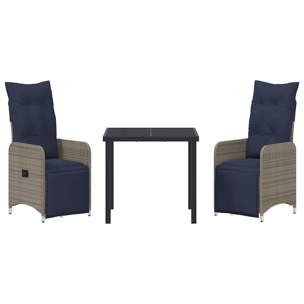 vidaXL Tisch- und Stuhlset mit Kissen 3 pcs Grau PE-Rattan