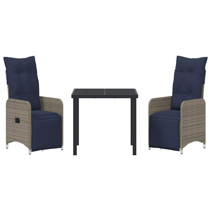vidaXL Tisch- und Stuhlset mit Kissen 3 pcs Grau PE-Rattan