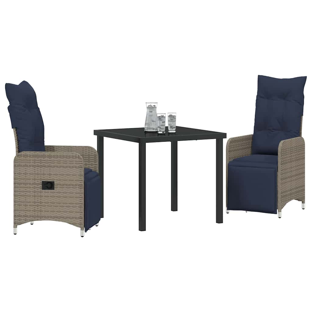 vidaXL Tisch- und Stuhlset mit Kissen 3 pcs Grau PE-Rattan