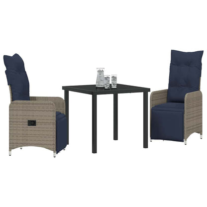 vidaXL Tisch- und Stuhlset mit Kissen 3 pcs Grau PE-Rattan