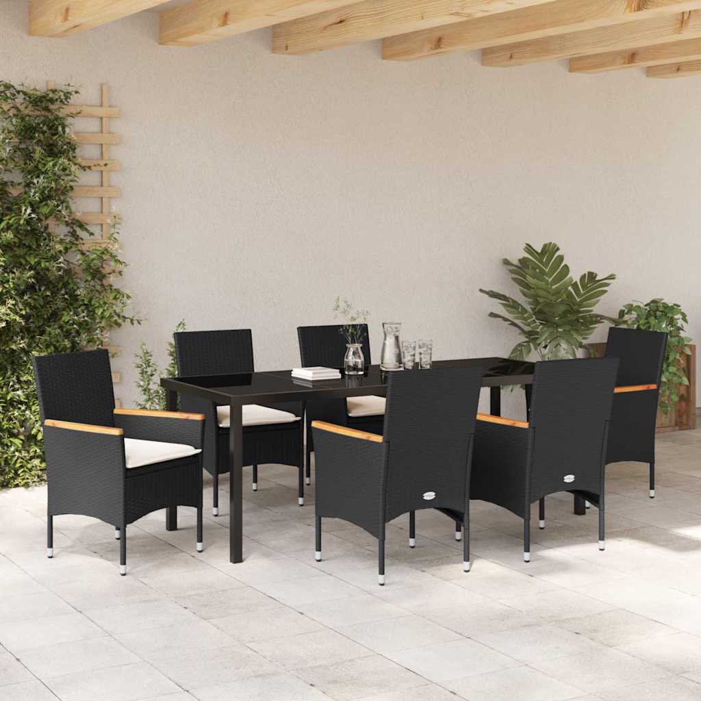 vidaXL Salon de salle à manger de jardin avec coussins 7 pcs Résine tressée noire