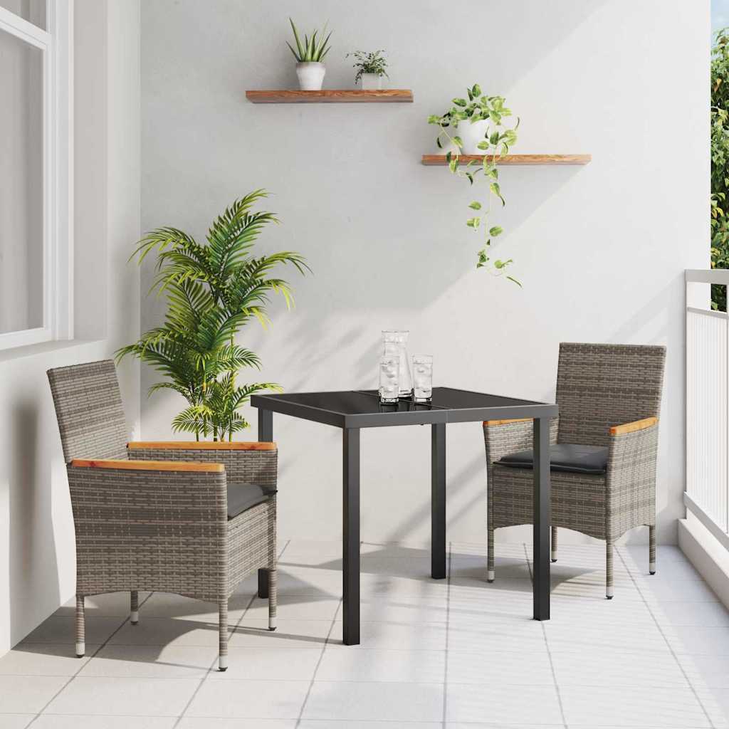 vidaXL Ensemble repas de jardin 3 pcs avec coussins gris résine tressée