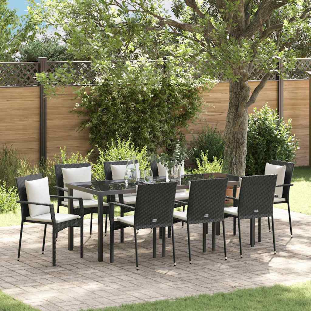 Garten Essgruppe mit Kissen 9 pcs Schwarz Poly-Rattan