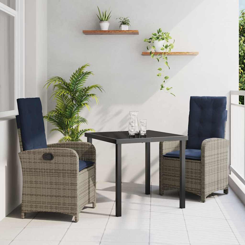vidaXL Ensemble repas de jardin 3 pcs avec coussins gris résine tressée