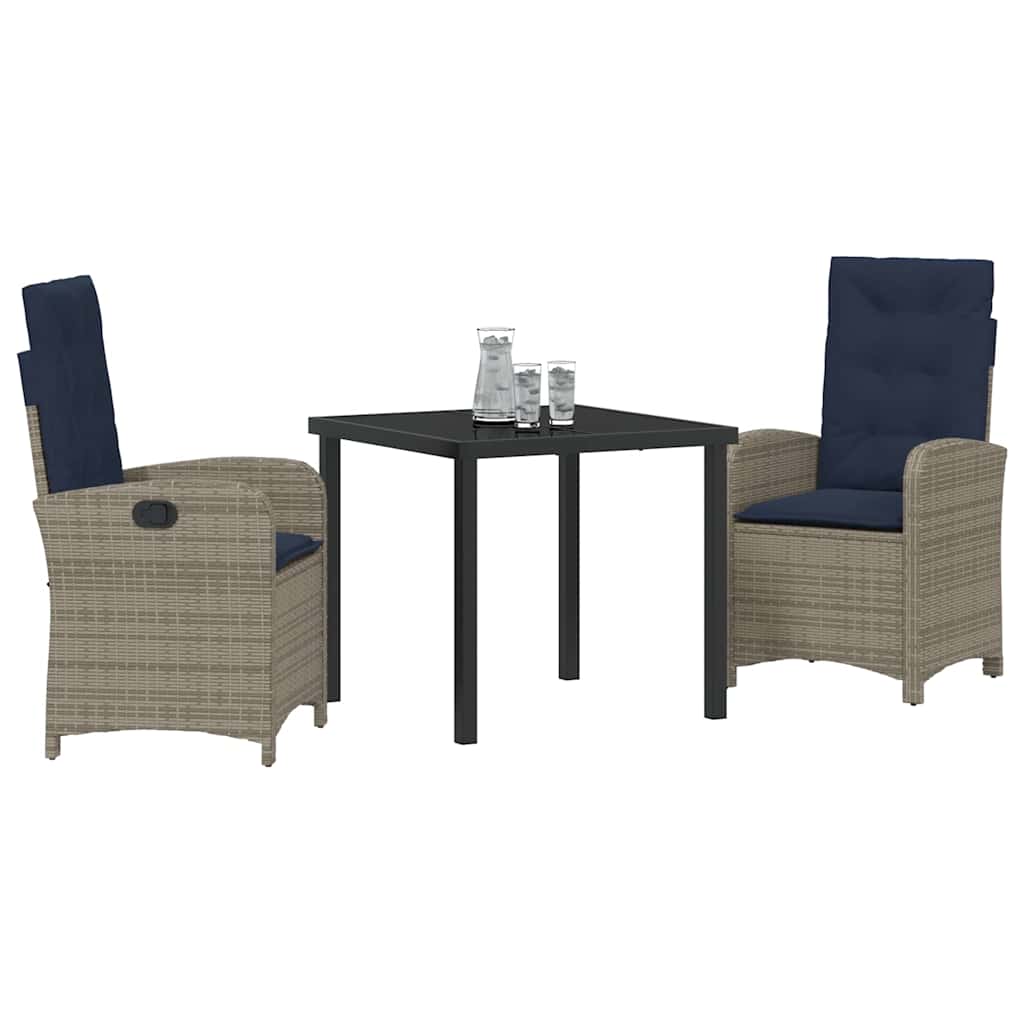 vidaXL Ensemble repas de jardin 3 pcs avec coussins gris résine tressée