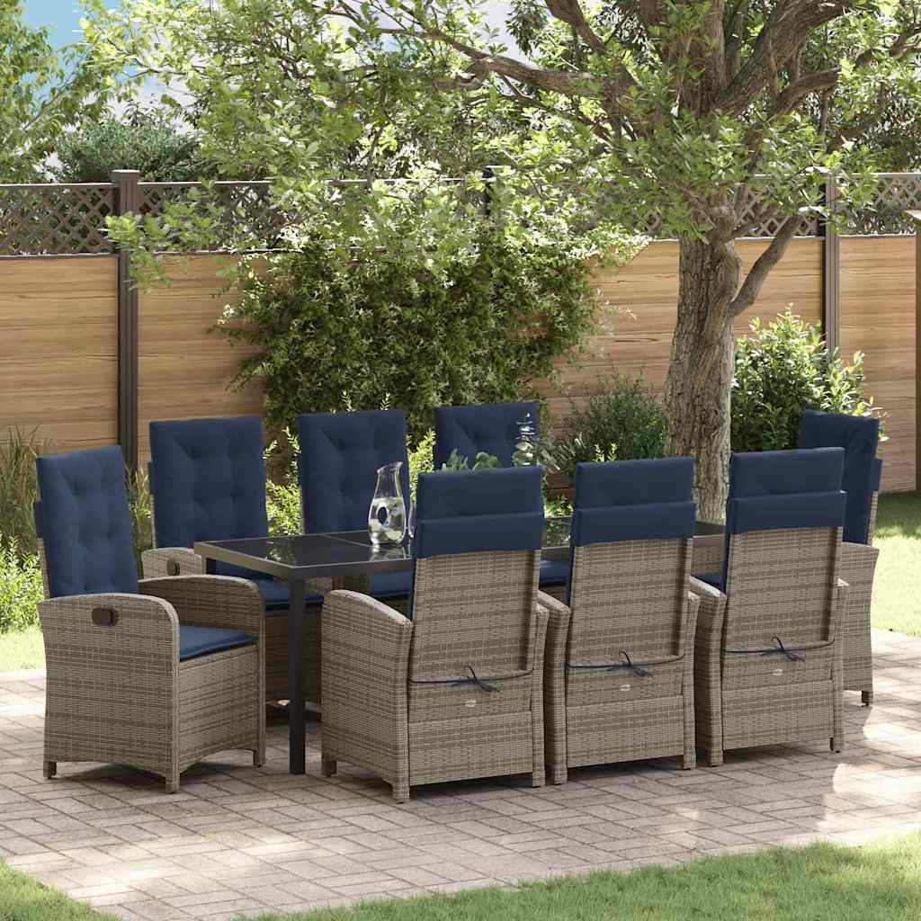vidaXL Garten Essgruppe mit Kissen 9 pcs Grau Poly-Rattan