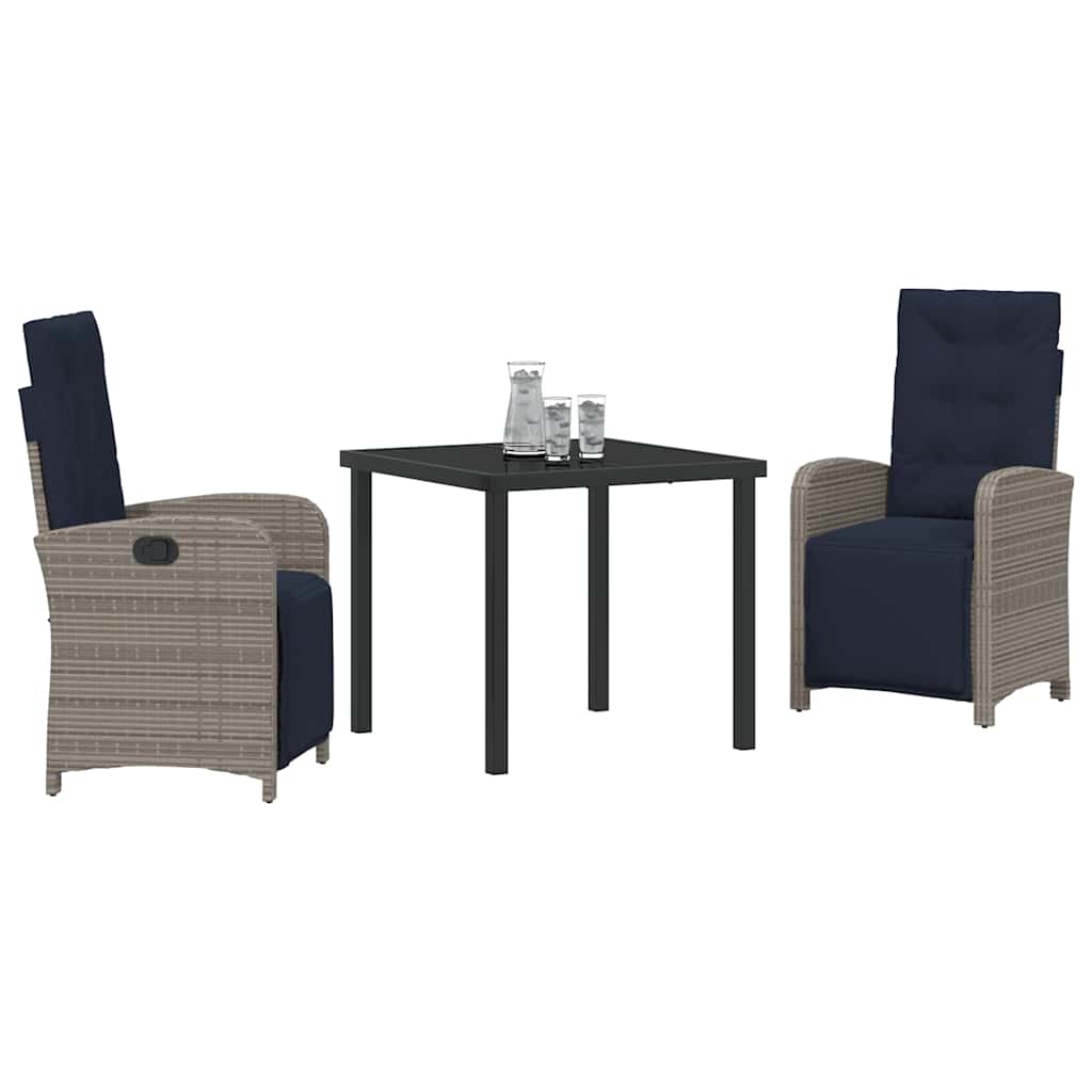 vidaXL Ensemble repas de jardin 3 pcs avec coussins gris résine tressée