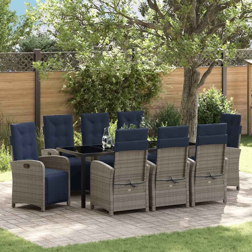 vidaXL Ensemble repas de jardin avec coussins 9 pcs Résine tressée gris