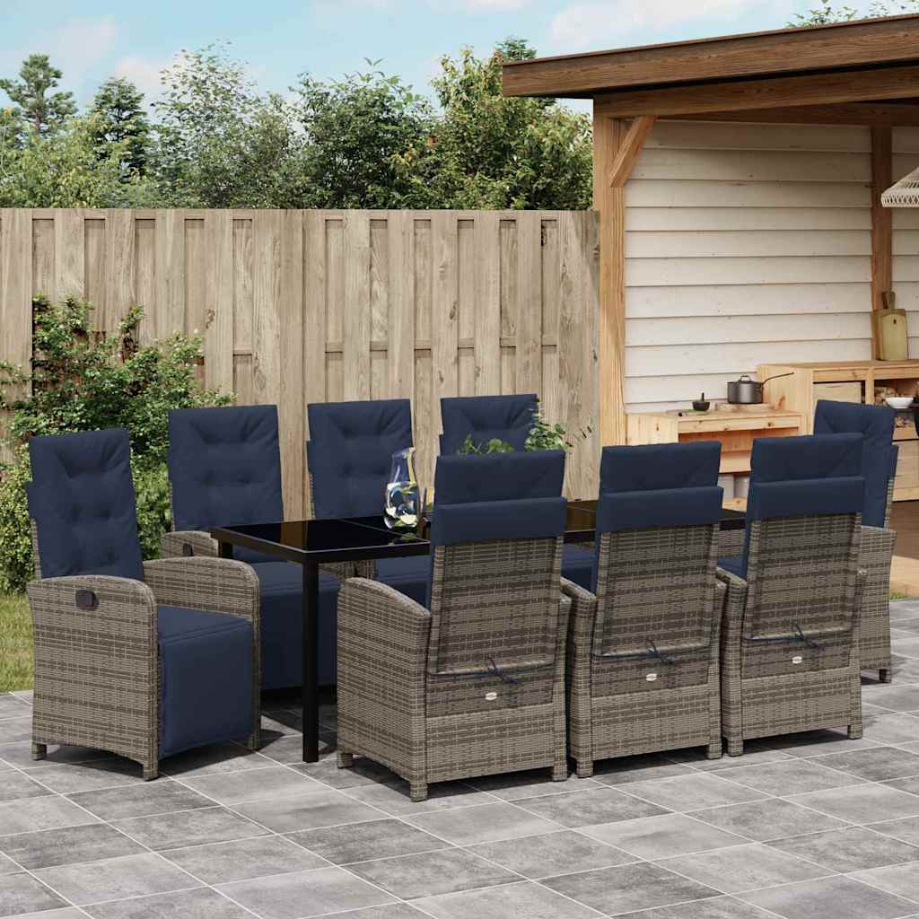 vidaXL Ensemble repas de jardin avec coussins 9 pcs Résine tressée gris