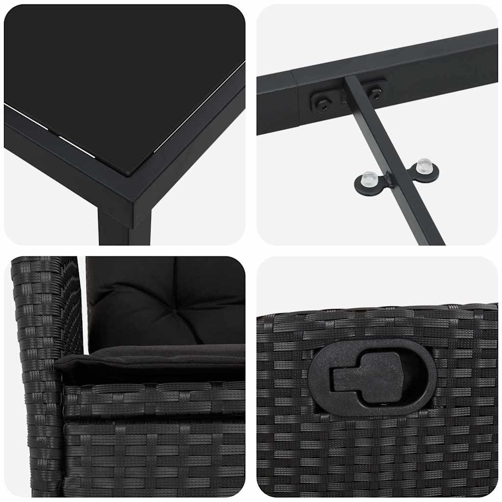 vidaXL Salon de jardin à dîner avec coussins 3 pcs Résine tressée noire