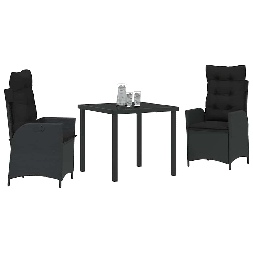 vidaXL Salon de jardin à dîner avec coussins 3 pcs Résine tressée noire