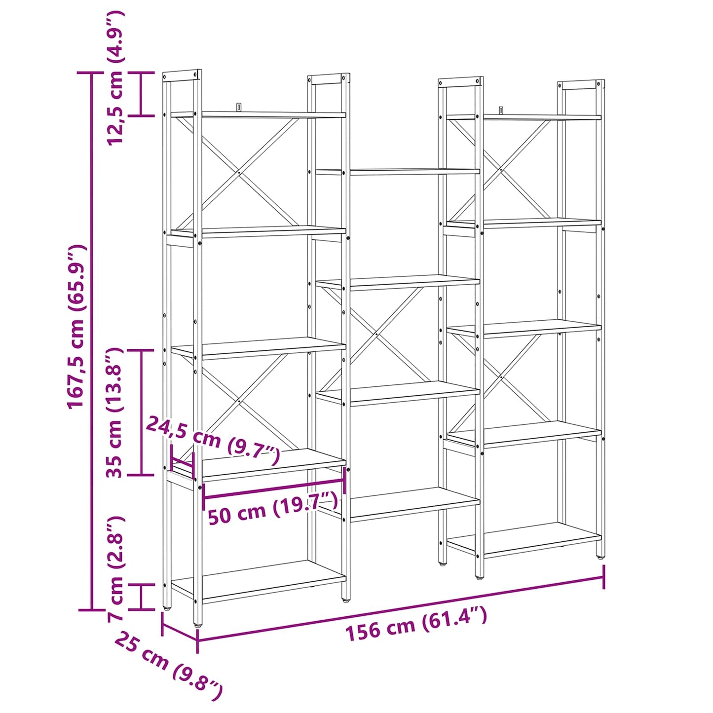 vidaXL Bücherregal Sonoma-Eiche 156 x 25 x 167 cm Holzwerkstoff
