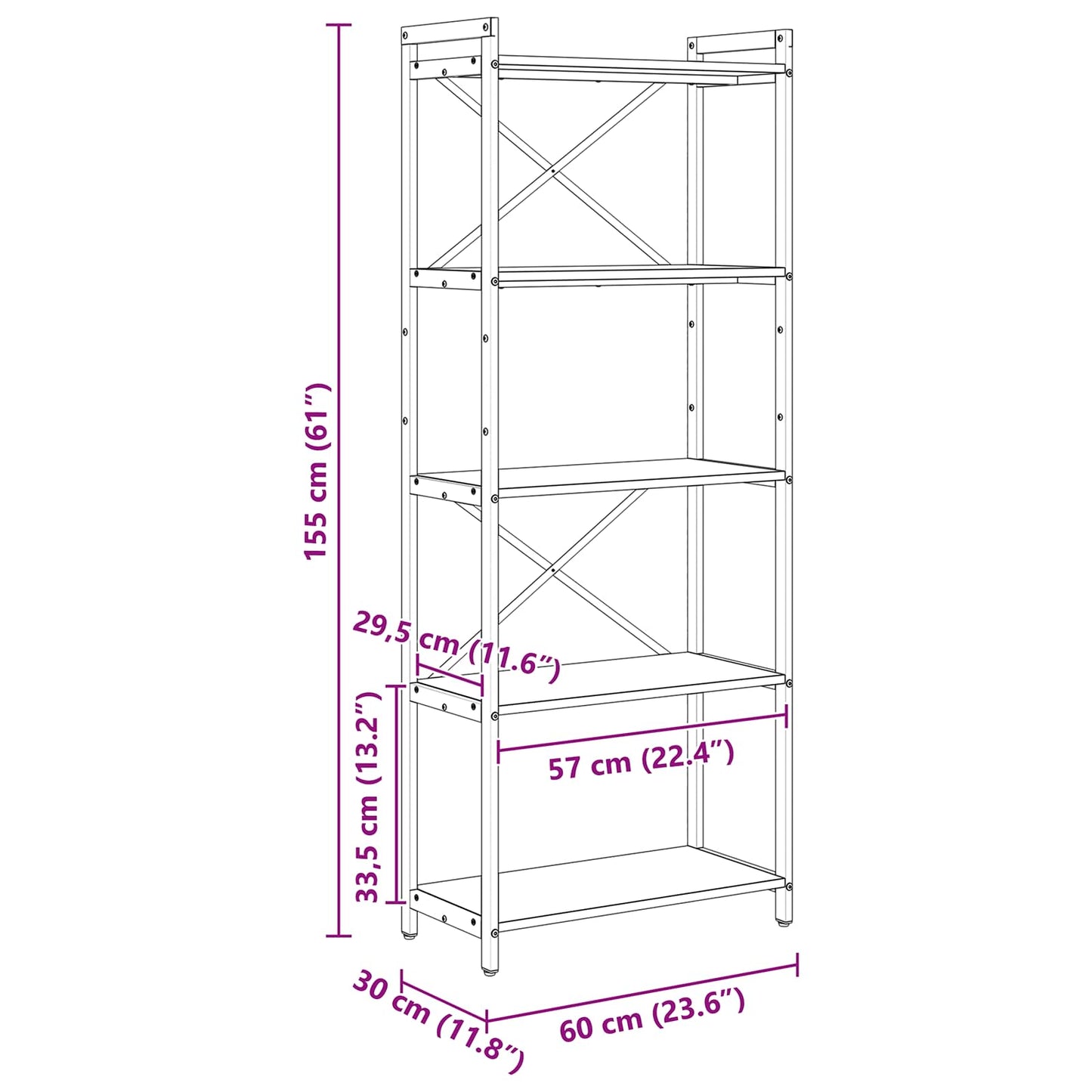 vidaXL Bibliothèque Noir aspect chêne 60 x 30 x 155 cm Bois d'ingénierie