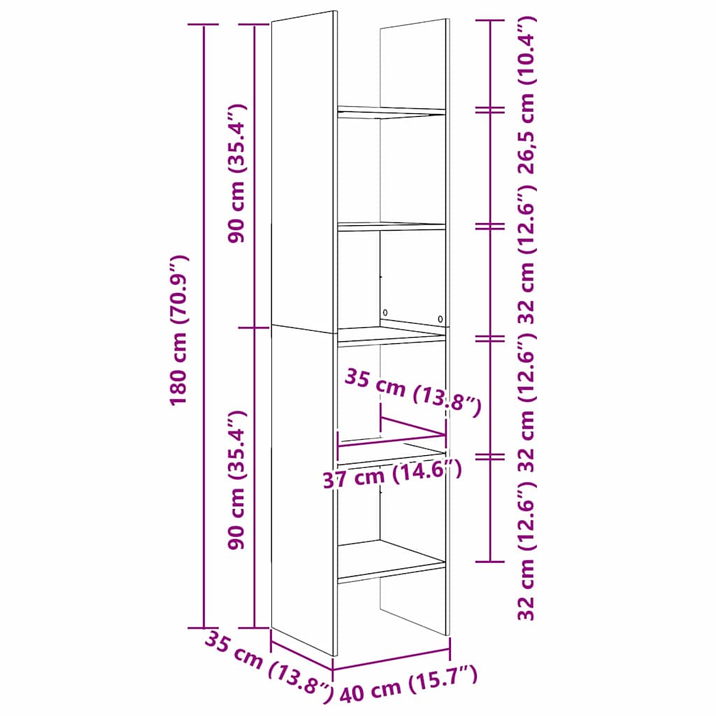 vidaXL Bücherregal Schwarz Eichen-Optik 40 x 35 x 180 cm Holzwerkstoff
