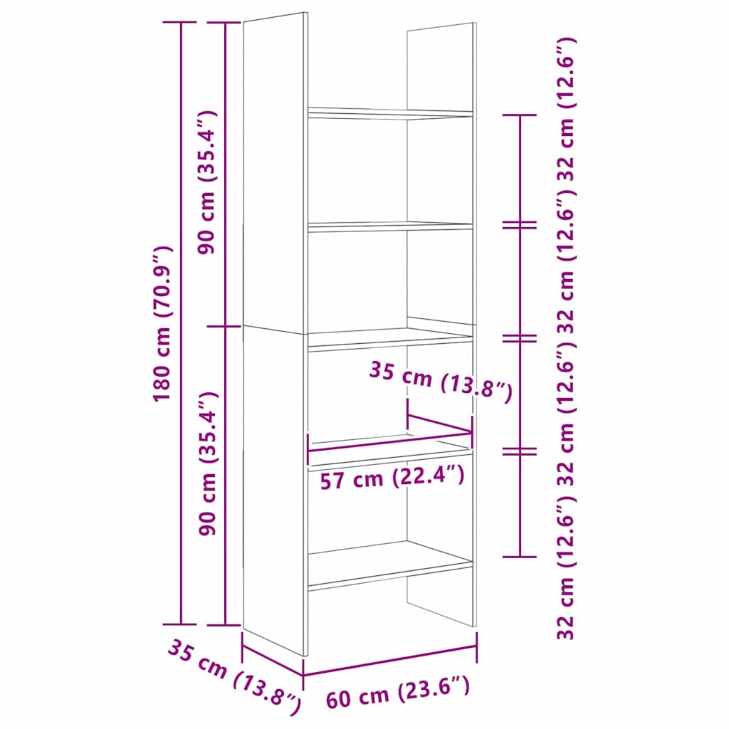 vidaXL Bücherregal Artisan-Eiche 60 x 35 x 180 cm Holzwerkstoff
