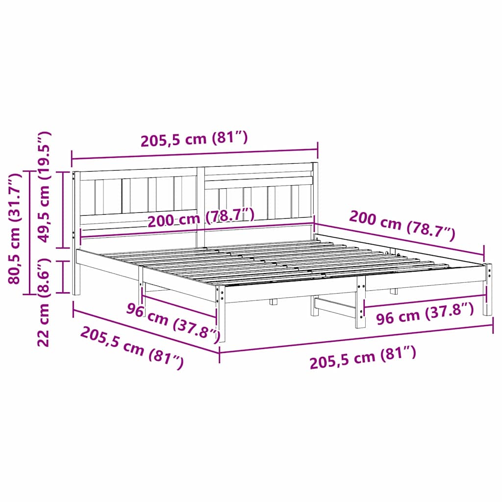 Bettrahmen mit Kopfteil Weiß 200 x 200 cm Massives Kiefernholz
