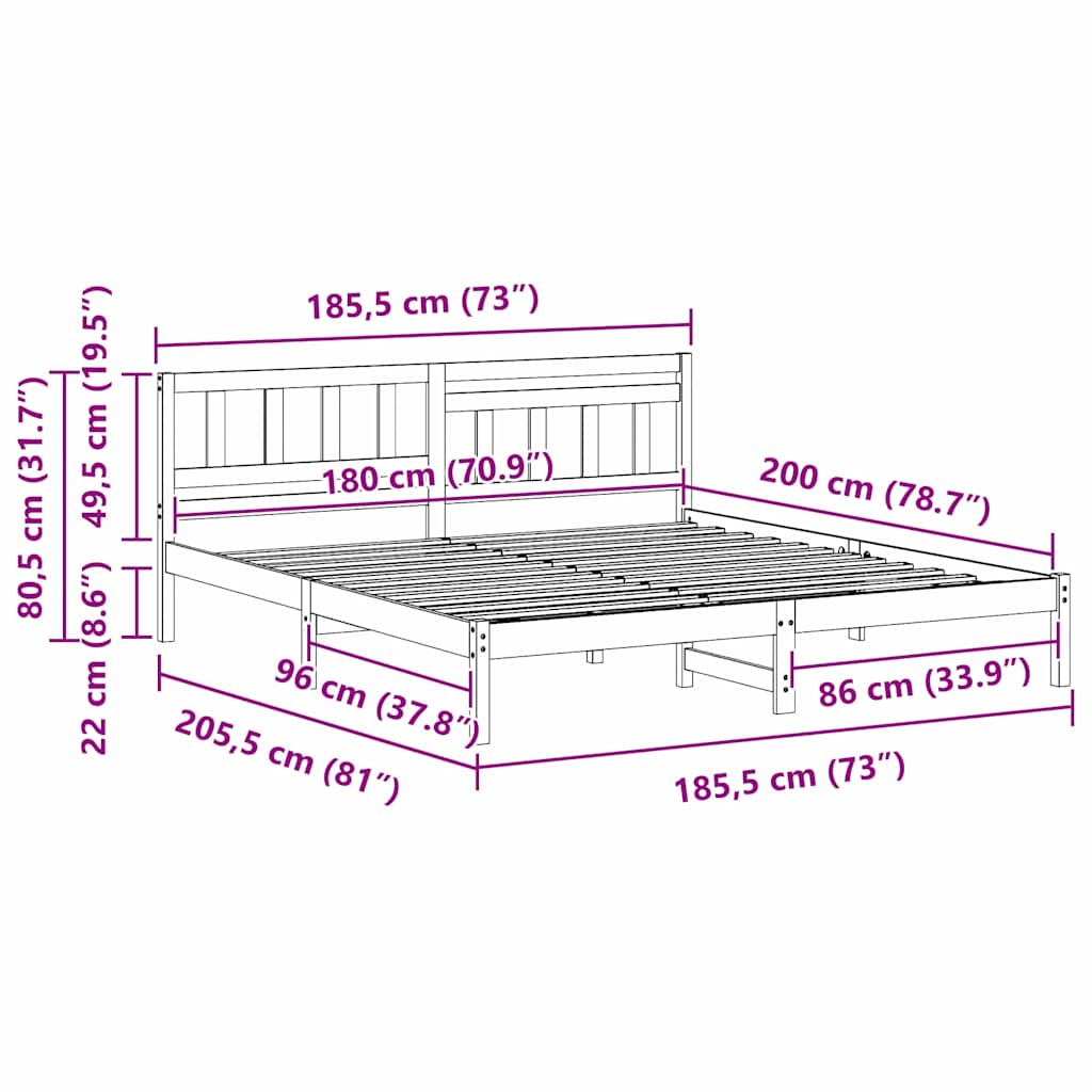 Bettrahmen Wachsbraun 180 x 200 cm Massives Kiefernholz