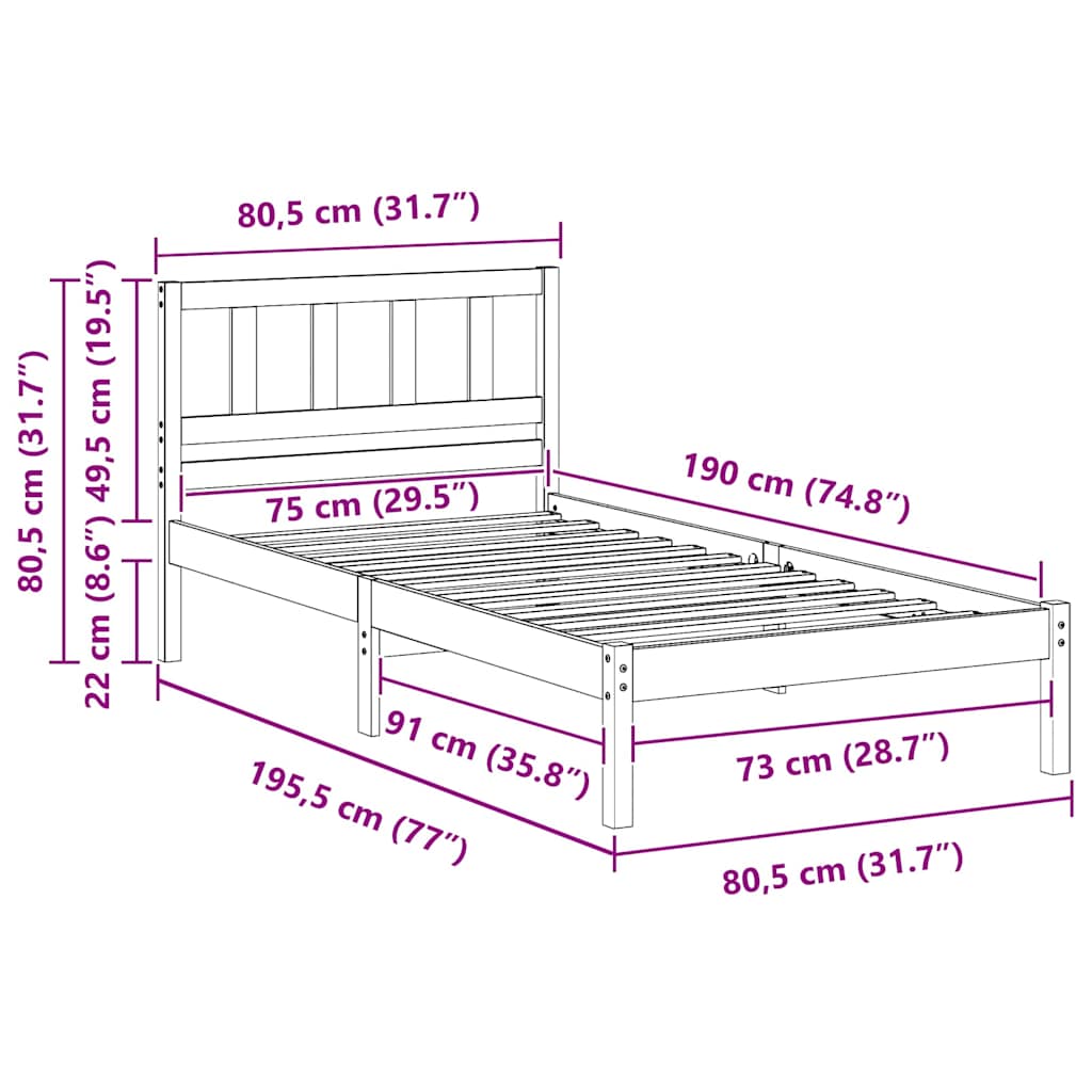 Bettrahmen mit Kopfteil Weiß 75 x 190 cm Massives Kiefernholz