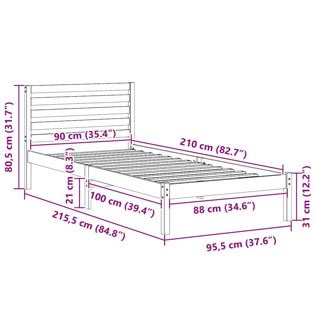 Bettrahmen mit Kopfteil Braun 90 x 210 cm Massives Kiefernholz