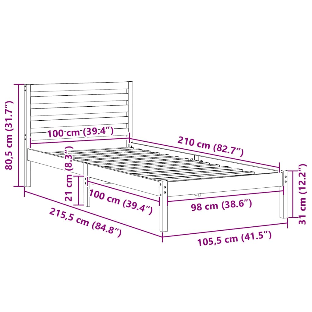Bettrahmen mit Kopfteil Braun 100 x 210 cm Massives Kiefernholz