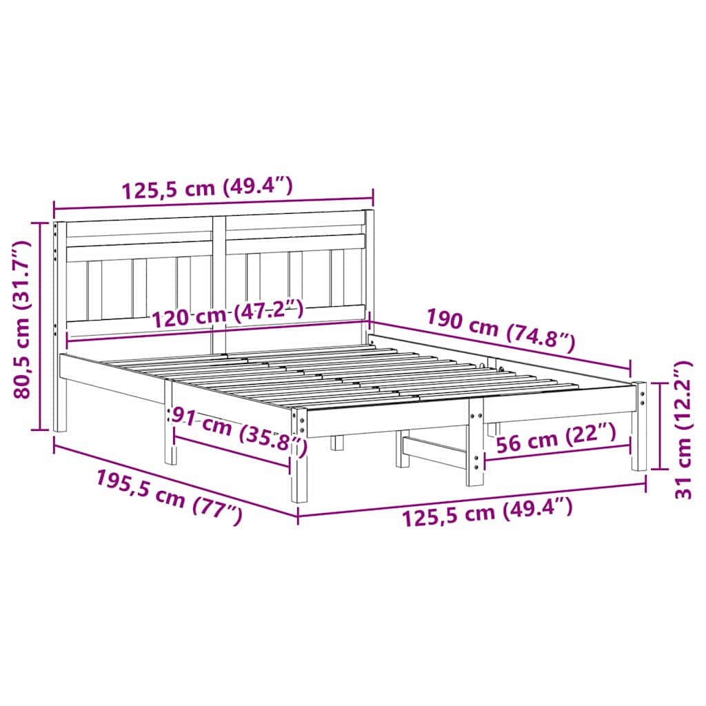 Bettrahmen Weiß 120 x 190 cm Massives Kiefernholz
