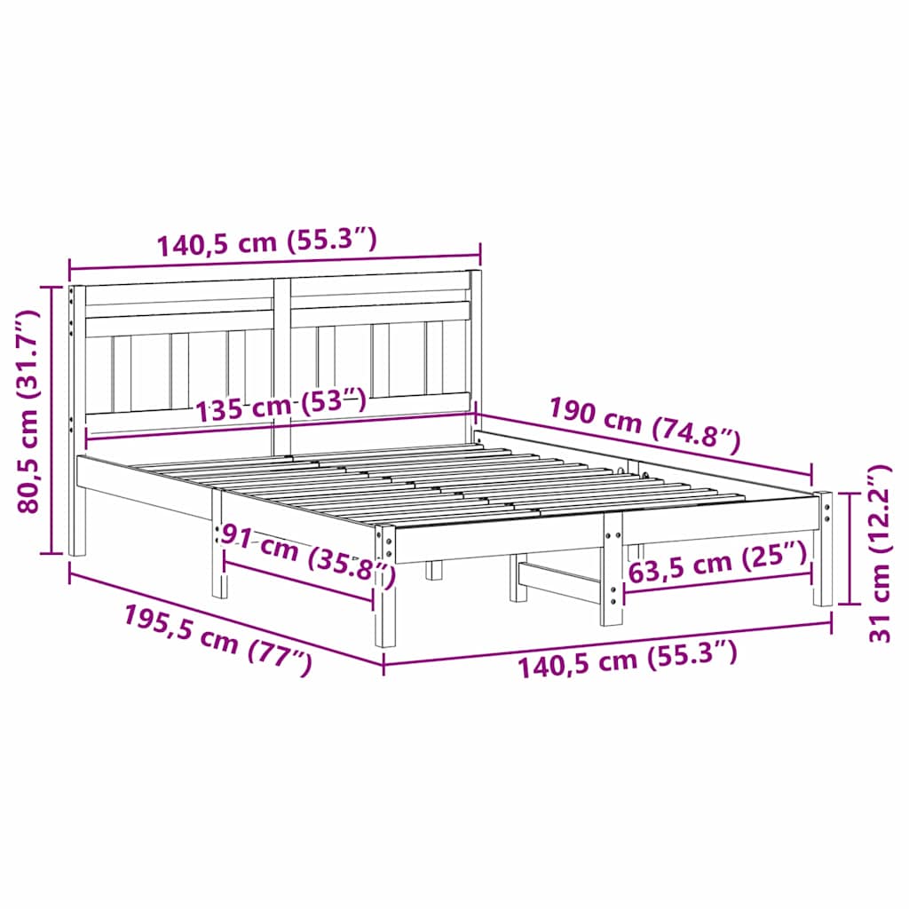 Bettrahmen Braun 135 x 190 cm Massives Kiefernholz