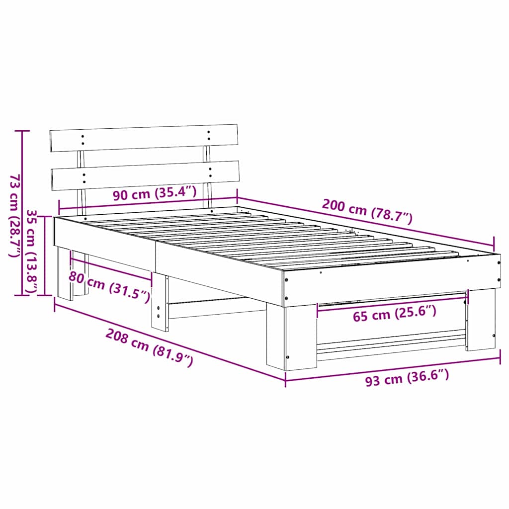 Bettrahmen Wachsbraun 90 x 200 cm Massives Kiefernholz
