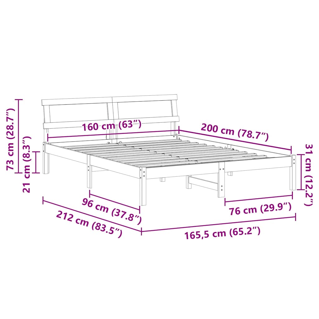 Bettrahmen mit Kopfteil Braun 160 x 200 cm Massives Kiefernholz
